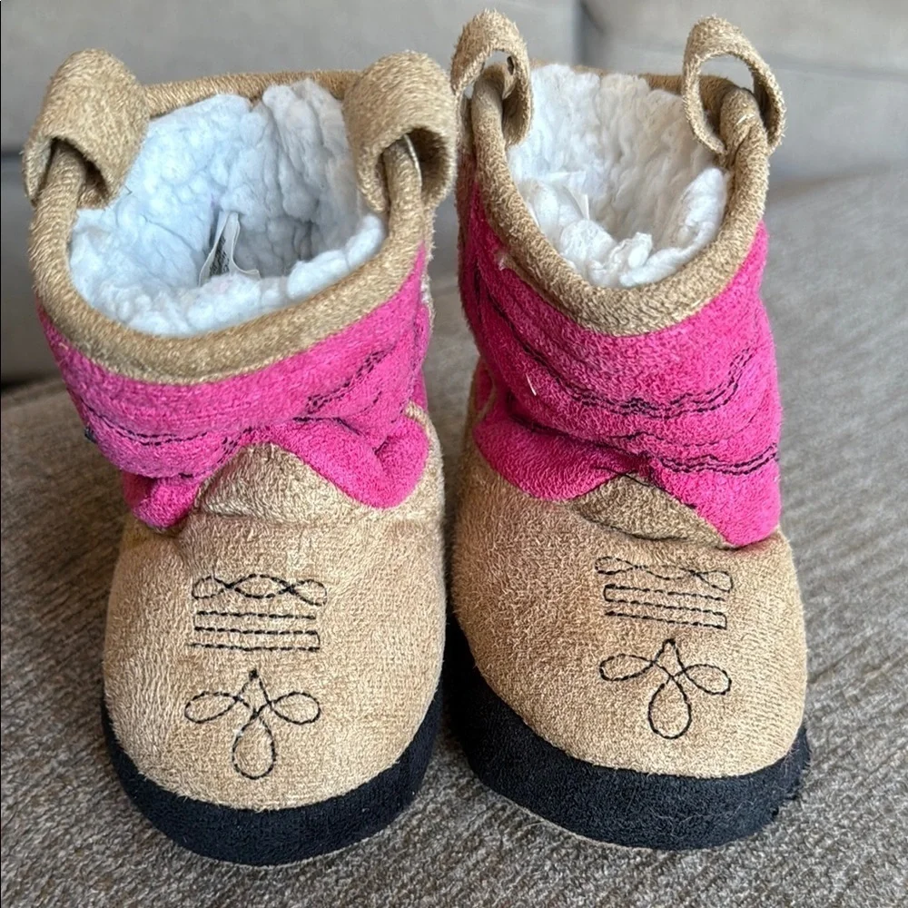 Cozy Pink and Tan Baby Boots Slippers, XS